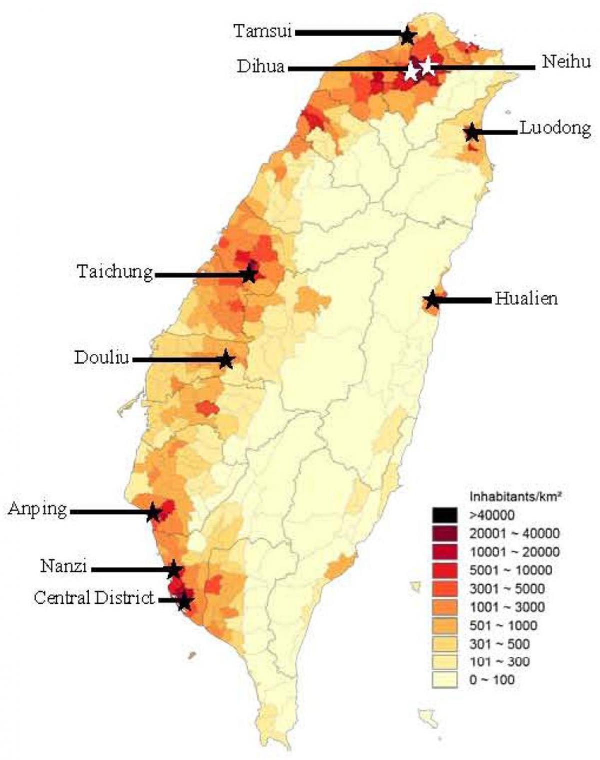 Taiwan befolkningstäthet karta